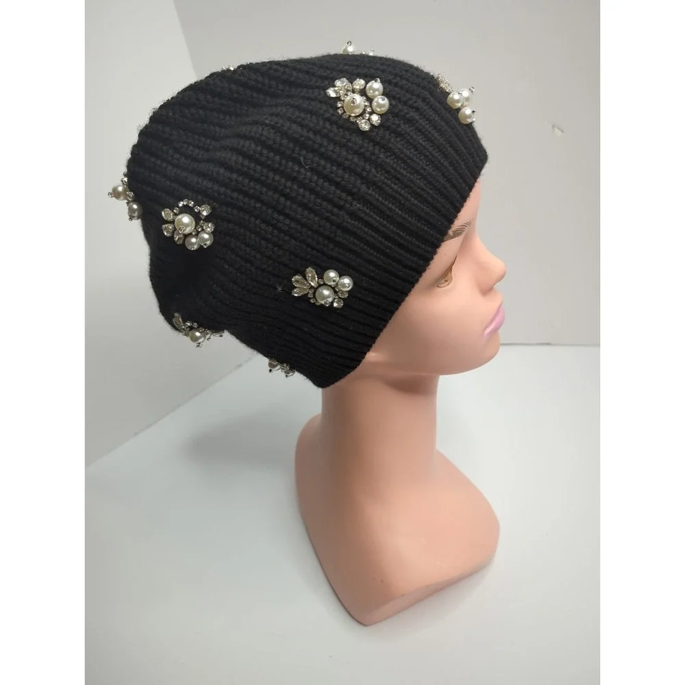 Alice + Olivia Black Wool Beret Knit Hat Rhinestone Slouchy Beanie Whimsigoth